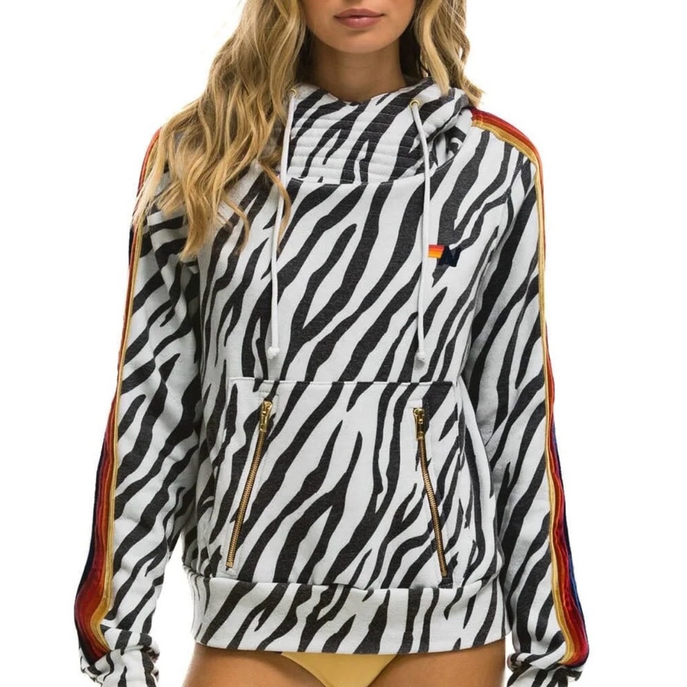 Aviator Nation Zebra-Print Ninja Hoodie with Red & Gold Velvet Stripes